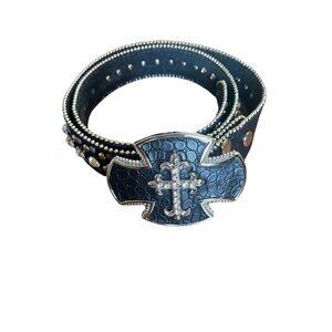 Belt Women 47" Black Leather Reptile Cross Rhinestone Studded Western Boho Retro